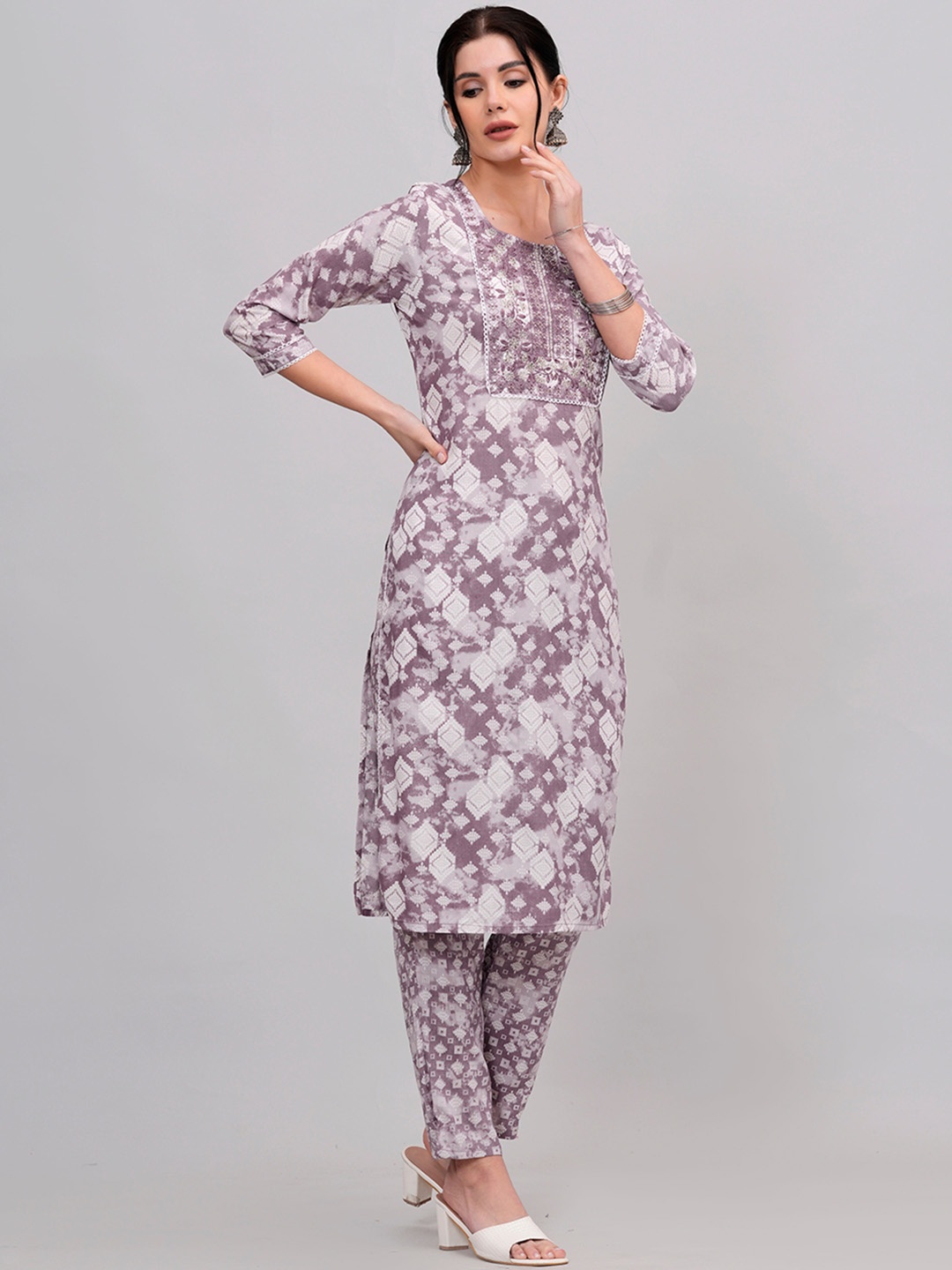 

KALINI Round Neck Embroidered Regular Kurti with Trousers, Purple