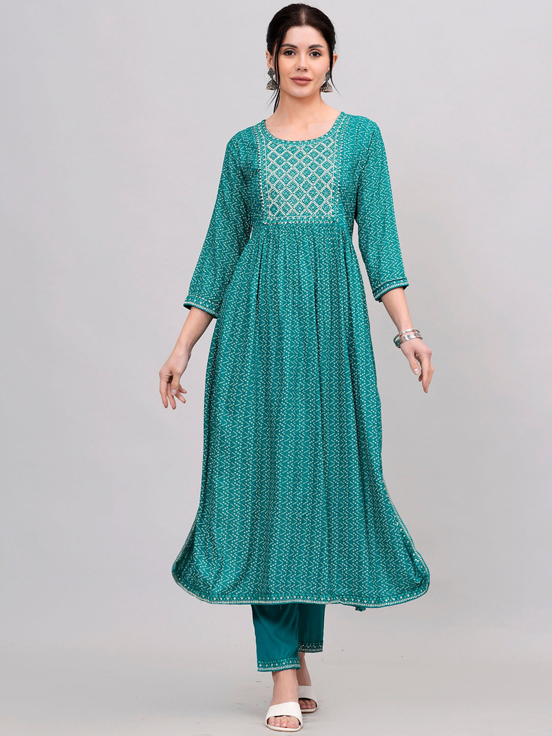 

KALINI Bandhani Printed Anarkali Thread Work Kurta With Trousers & Dupatta, Turquoise blue