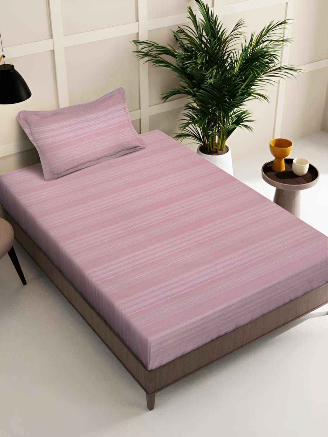 

KLOTTHE Pink Striped 400 TC Pure Cotton Single Bedsheet With Pillow cover