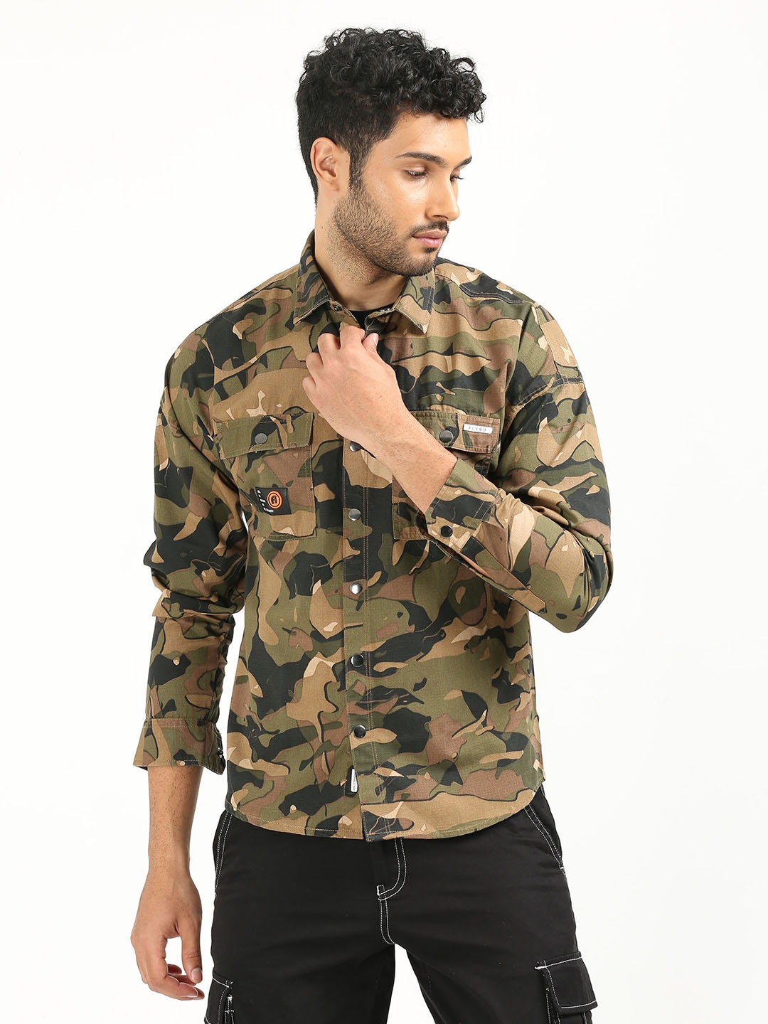 

FLY 69 Premium Slim Fit Camouflage Printed Pure Cotton Casual Shirt, Khaki