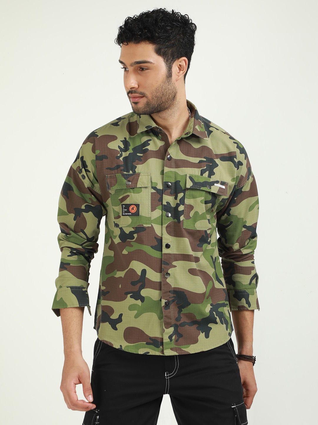 

FLY 69 Premium Slim Fit Camouflage Printed Pure Cotton Casual Shirt, Green