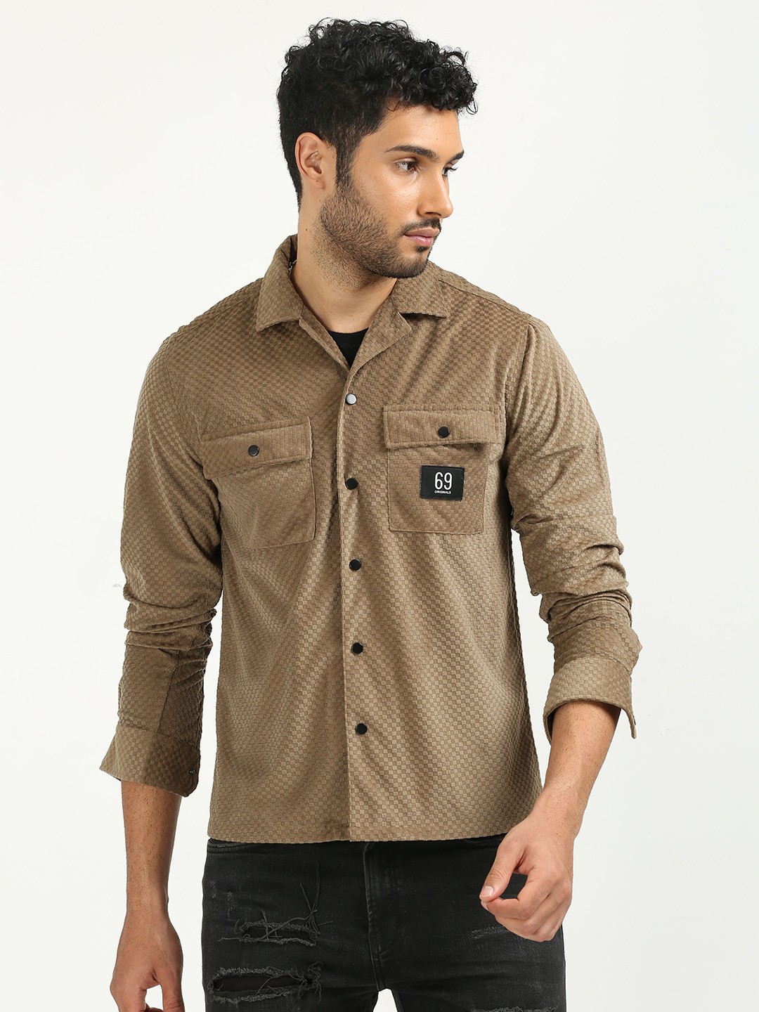 

FLY 69 Premium Boxy Self Design Pure Corduroy Casual Shirt, Camel brown