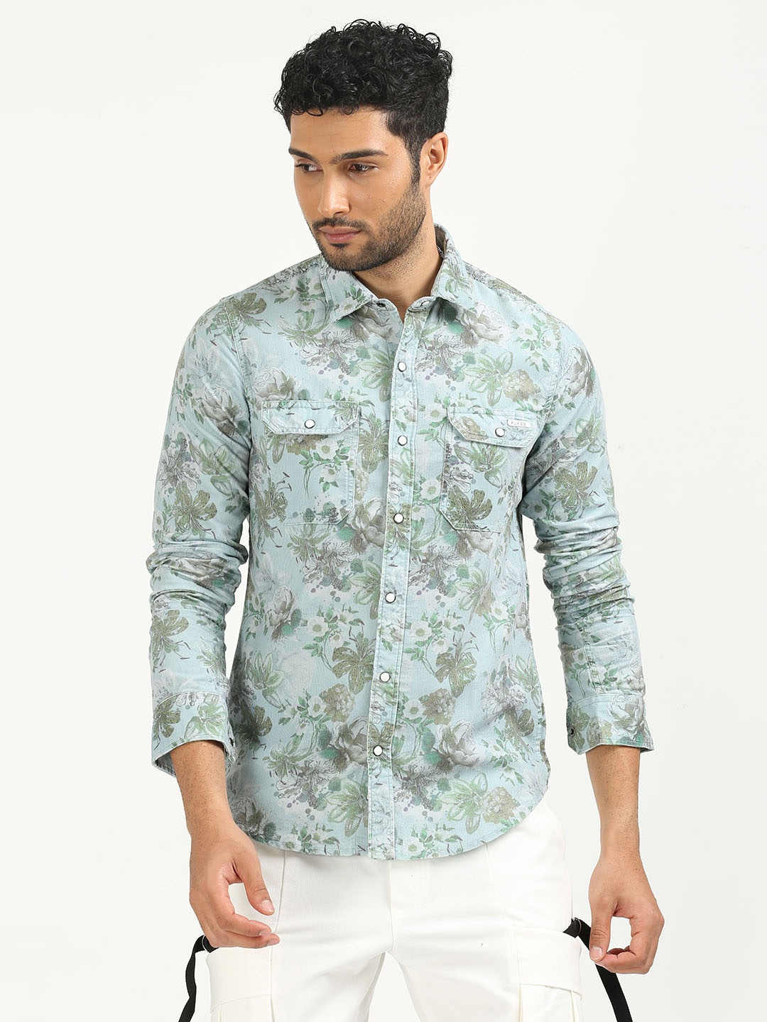 

FLY 69 Premium Slim Fit Floral Printed Pure Corduroy Casual Shirt, Green