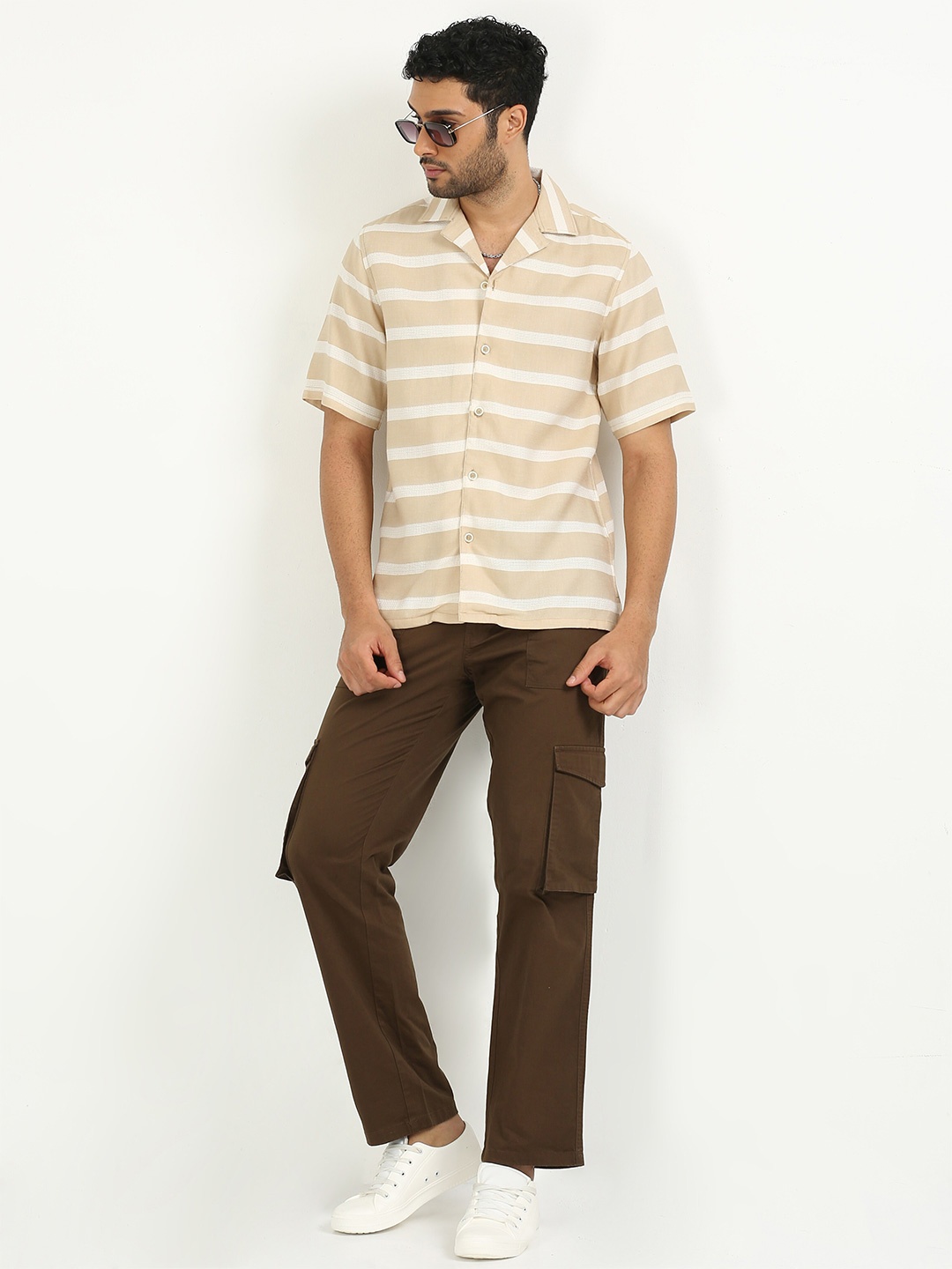 

FLY 69 Premium Boxy Horizontal Striped Pure Cotton Casual Shirt, Khaki