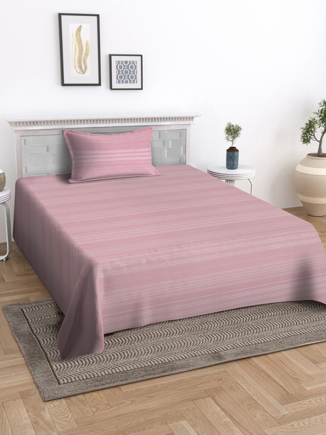 

KLOTTHE Pink Striped Printed 400 TC Pure Cotton Single Bedcover Set