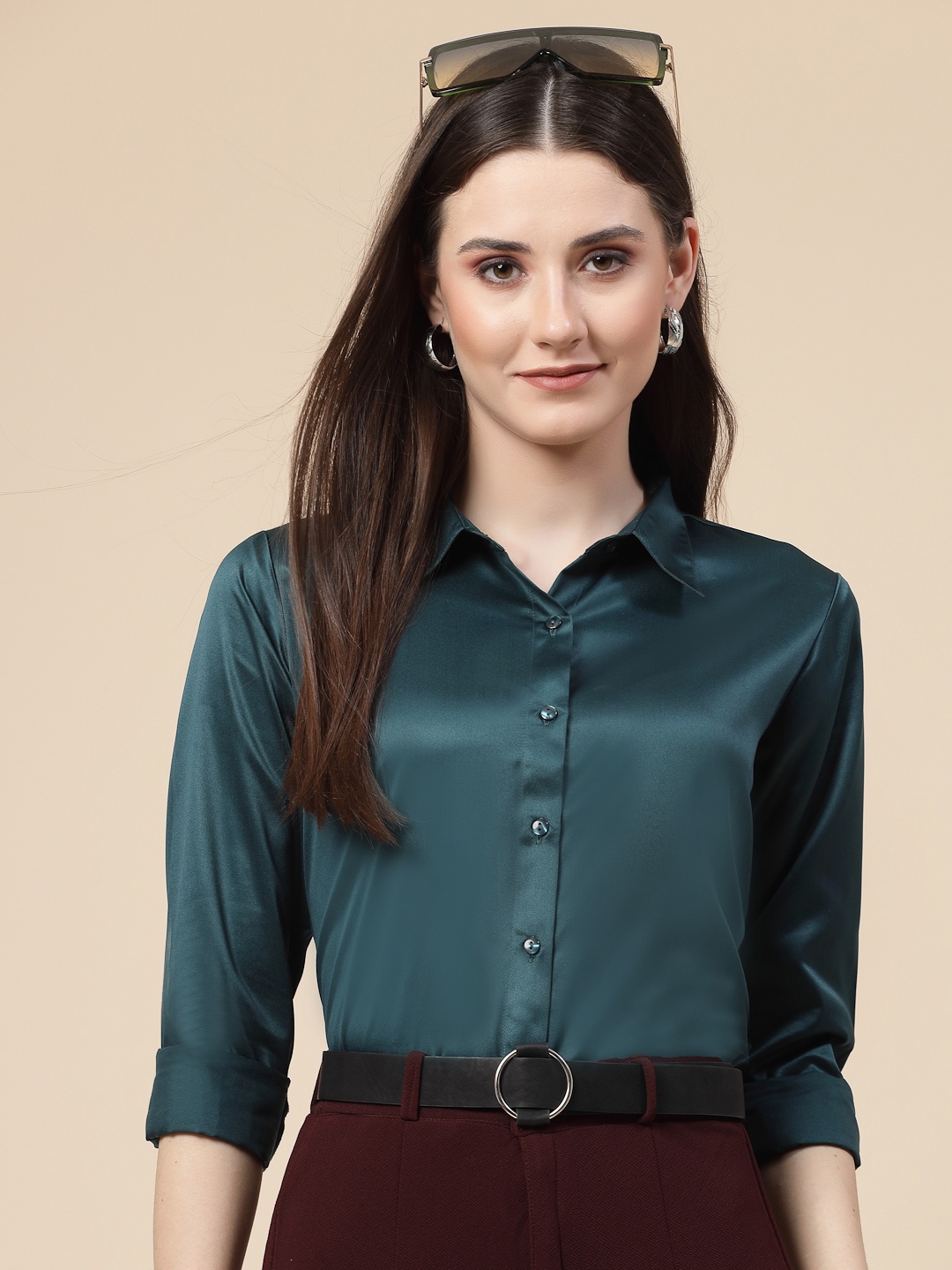 

Style Quotient Teal Spread Collar Opaque Satin Formal Shirt