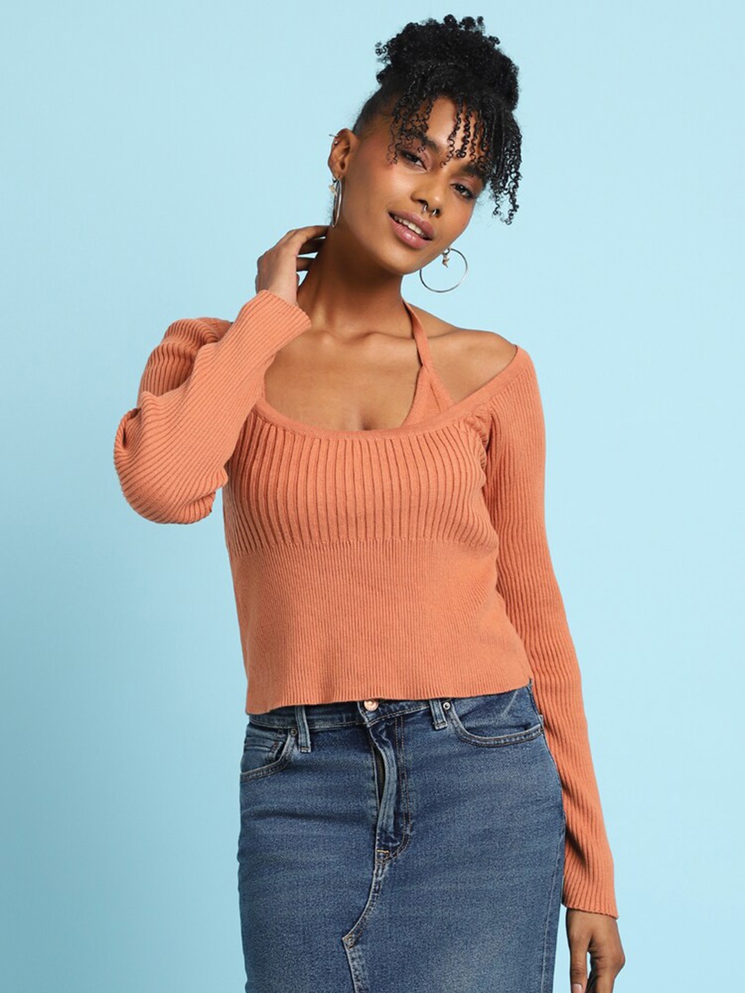 

FOREVER 21 Ribbed Scoop Neck Pure Cotton Pullover, Peach