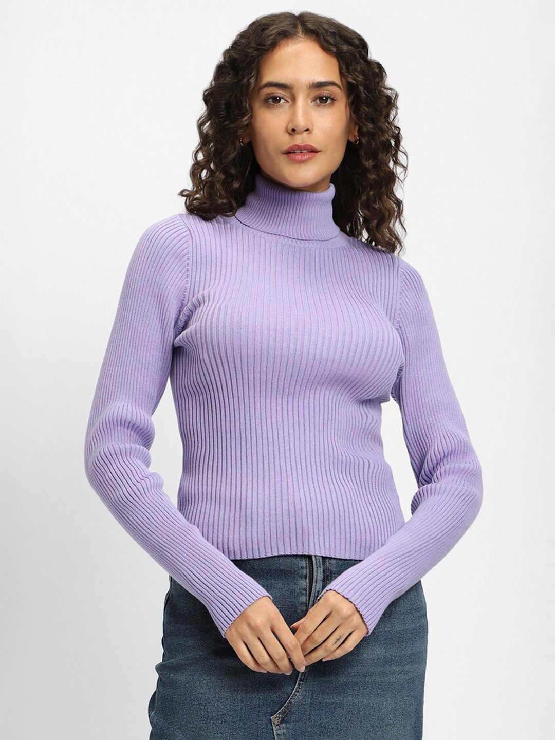 

FOREVER 21 Ribbed Turtle Neck Pure Cotton Pullover, Purple