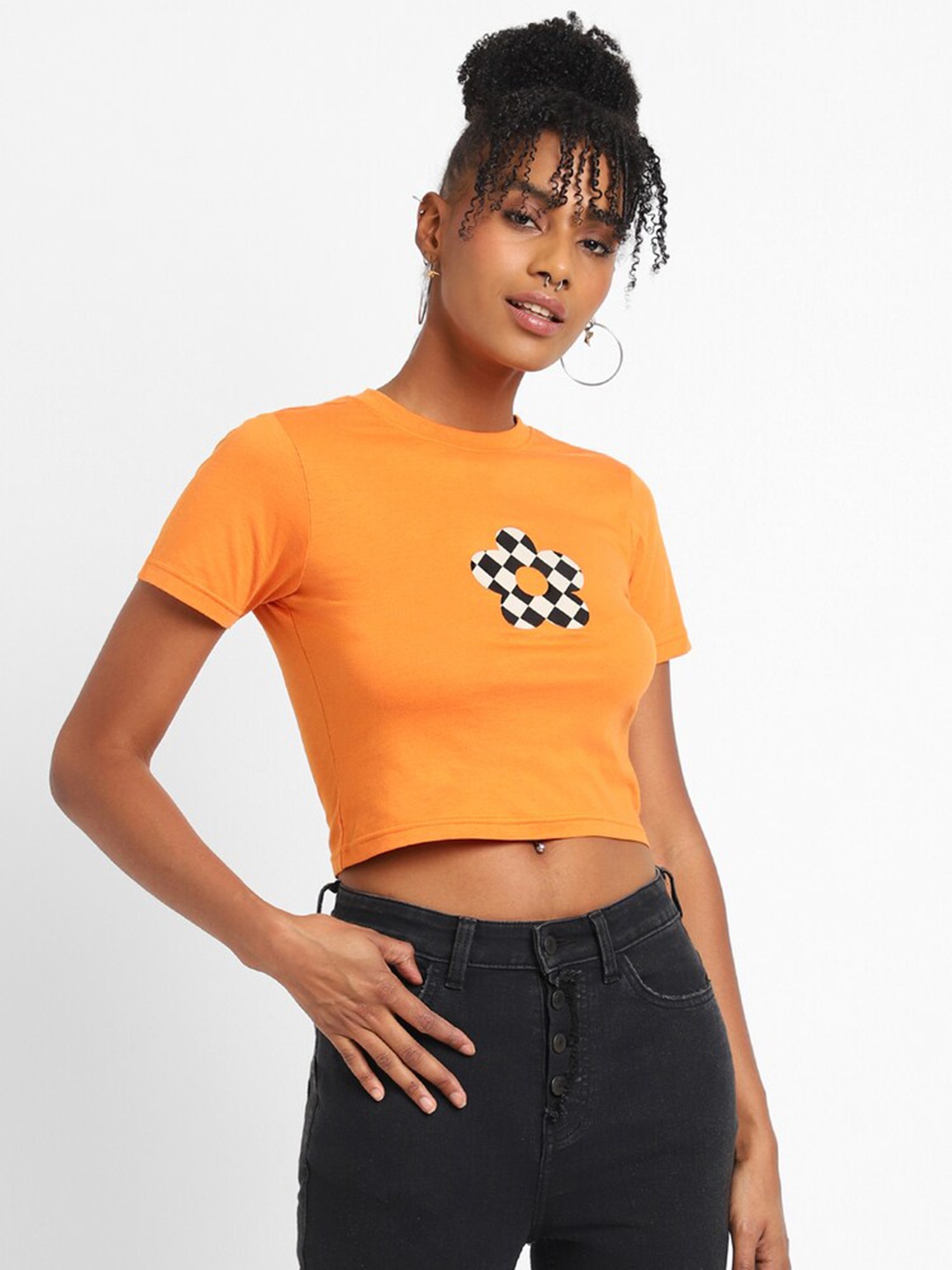 FOREVER 21 Printed Round Neck Casual T-shirt, Orange