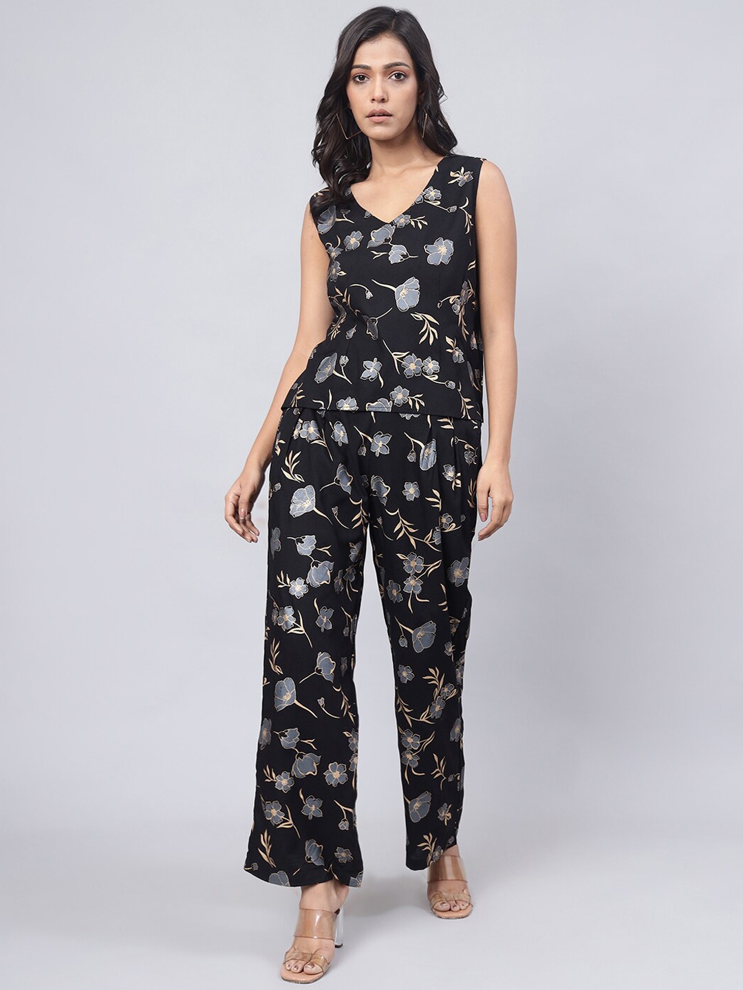 

DAEVISH Floral Printed V-Neck Top With Trousers, Black