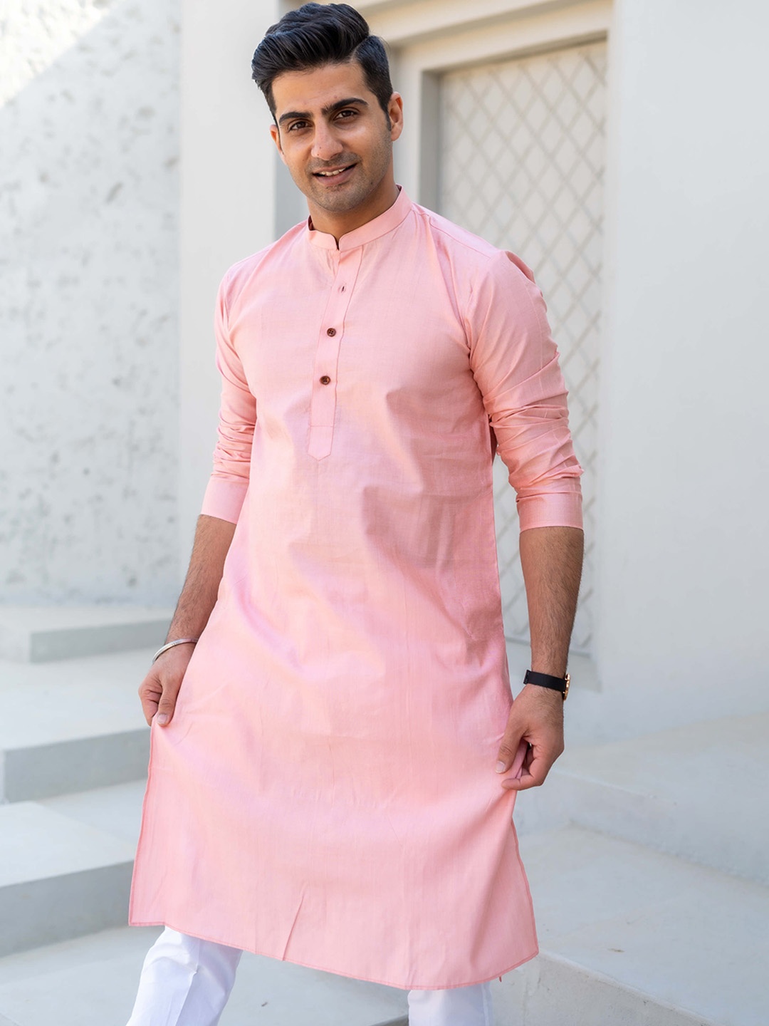 

Shasak Mandarin Collar Long Sleeves Cotton Straight Kurta, Pink