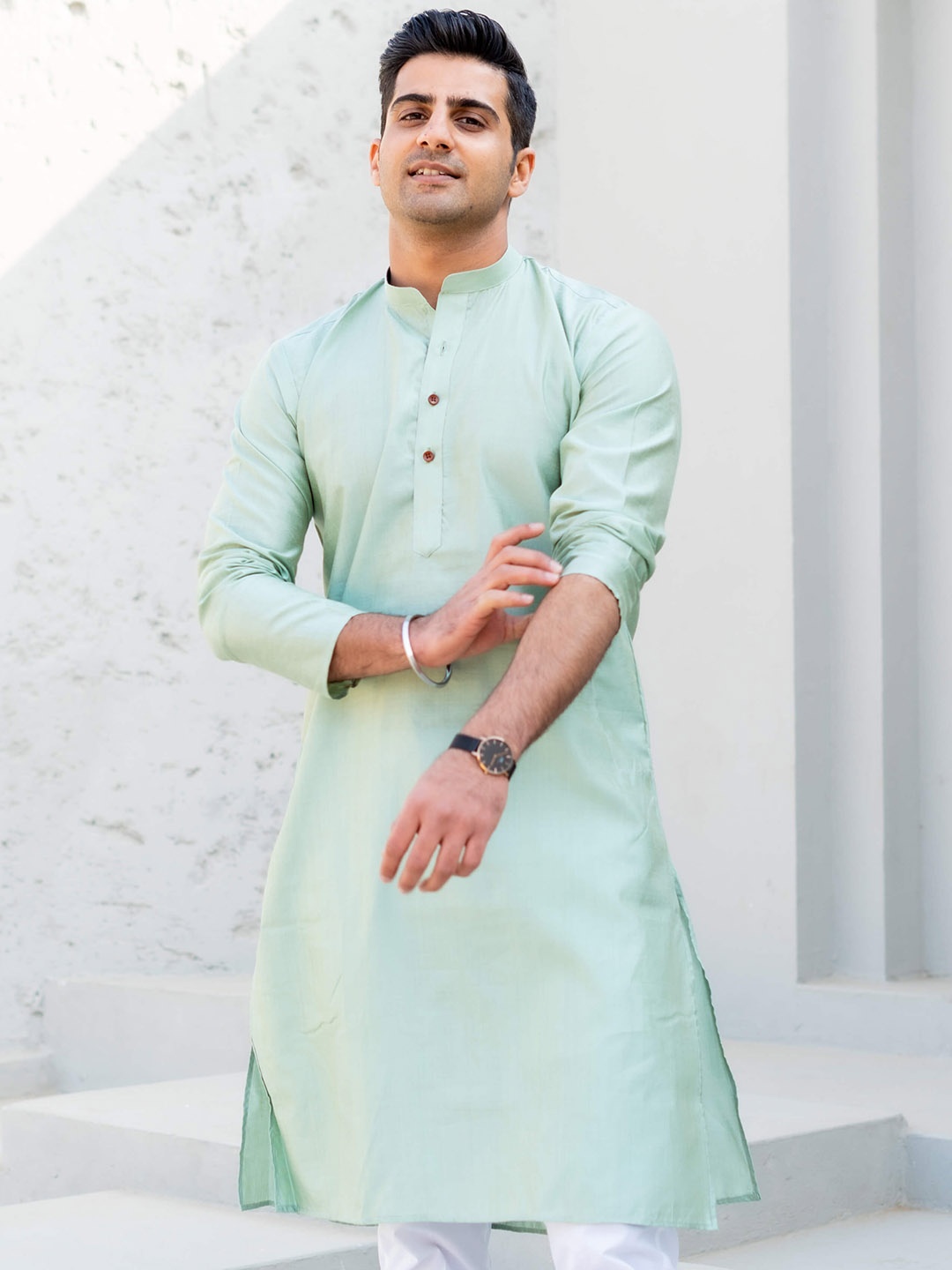 

Shasak Mandarin Collar Cotton Straight Kurta, Sea green