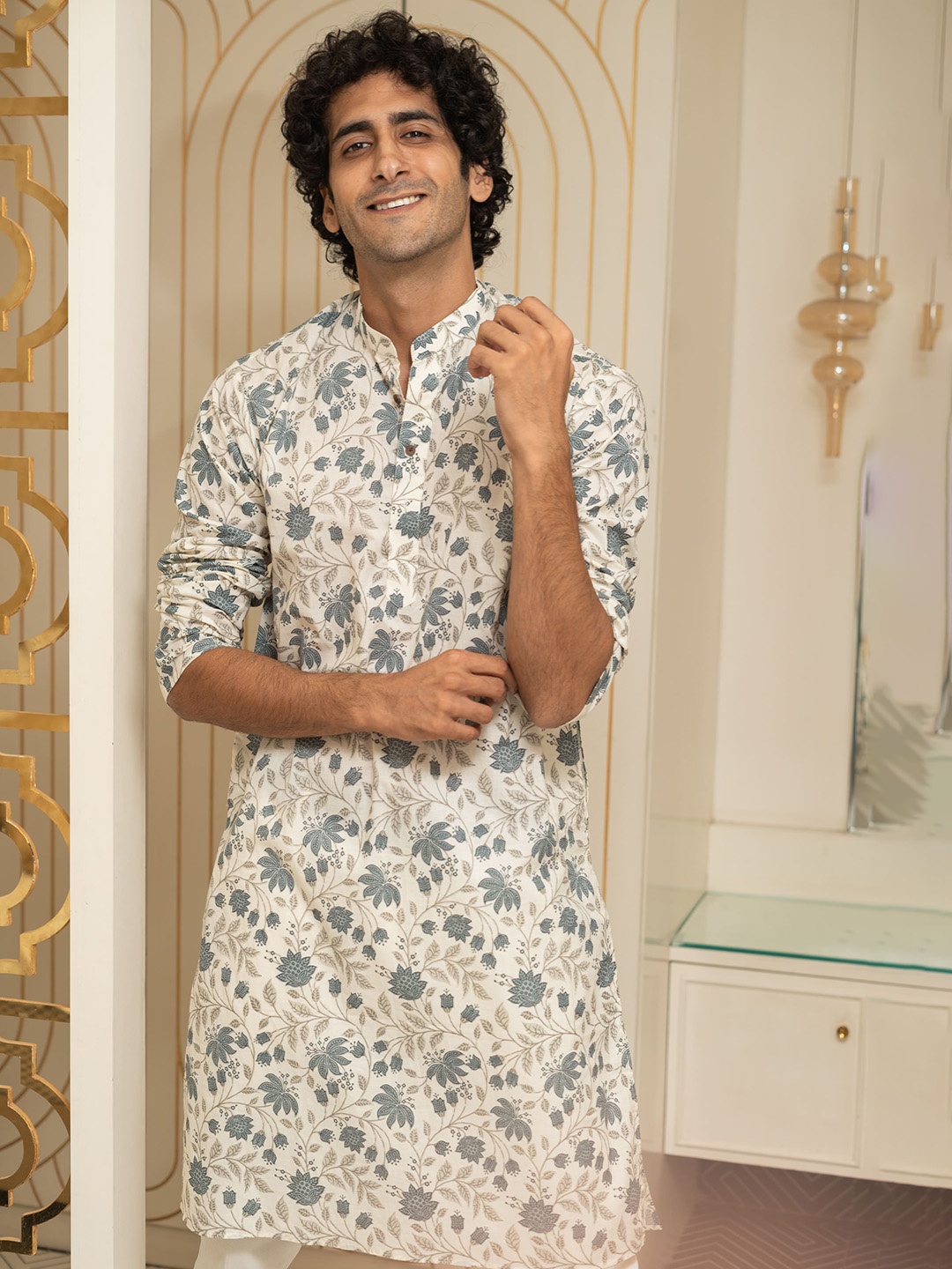 Shasak Floral Printed Cotton Straight Kurta, White