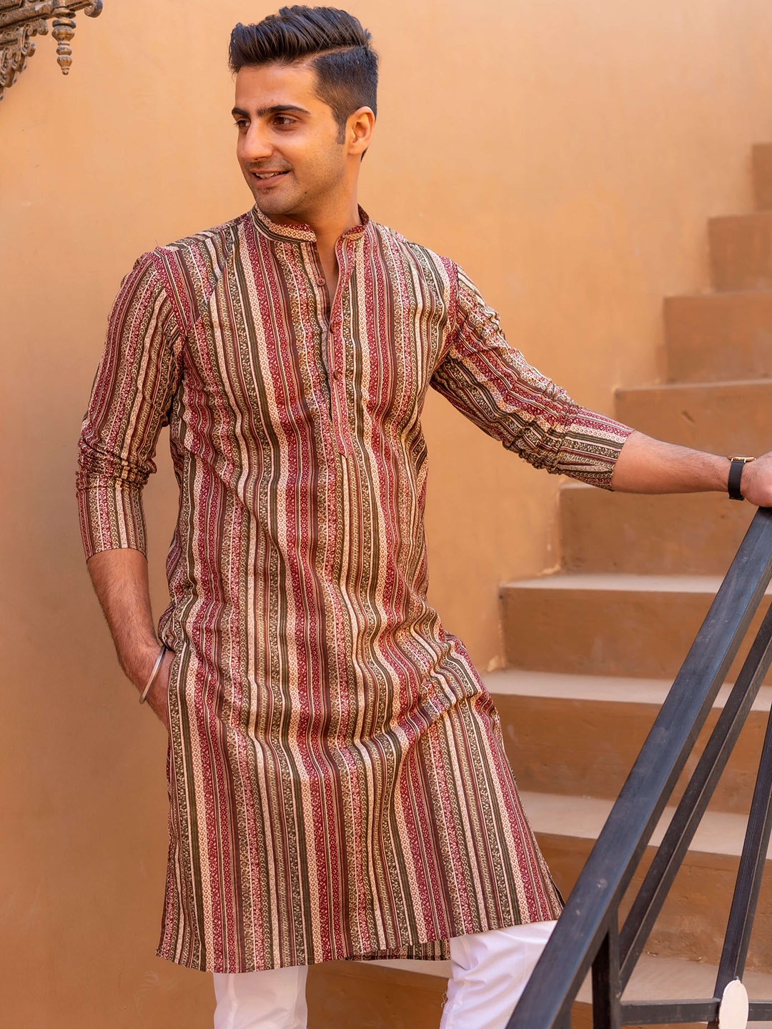 

Shasak Striped Cotton Straight Kurta, Maroon
