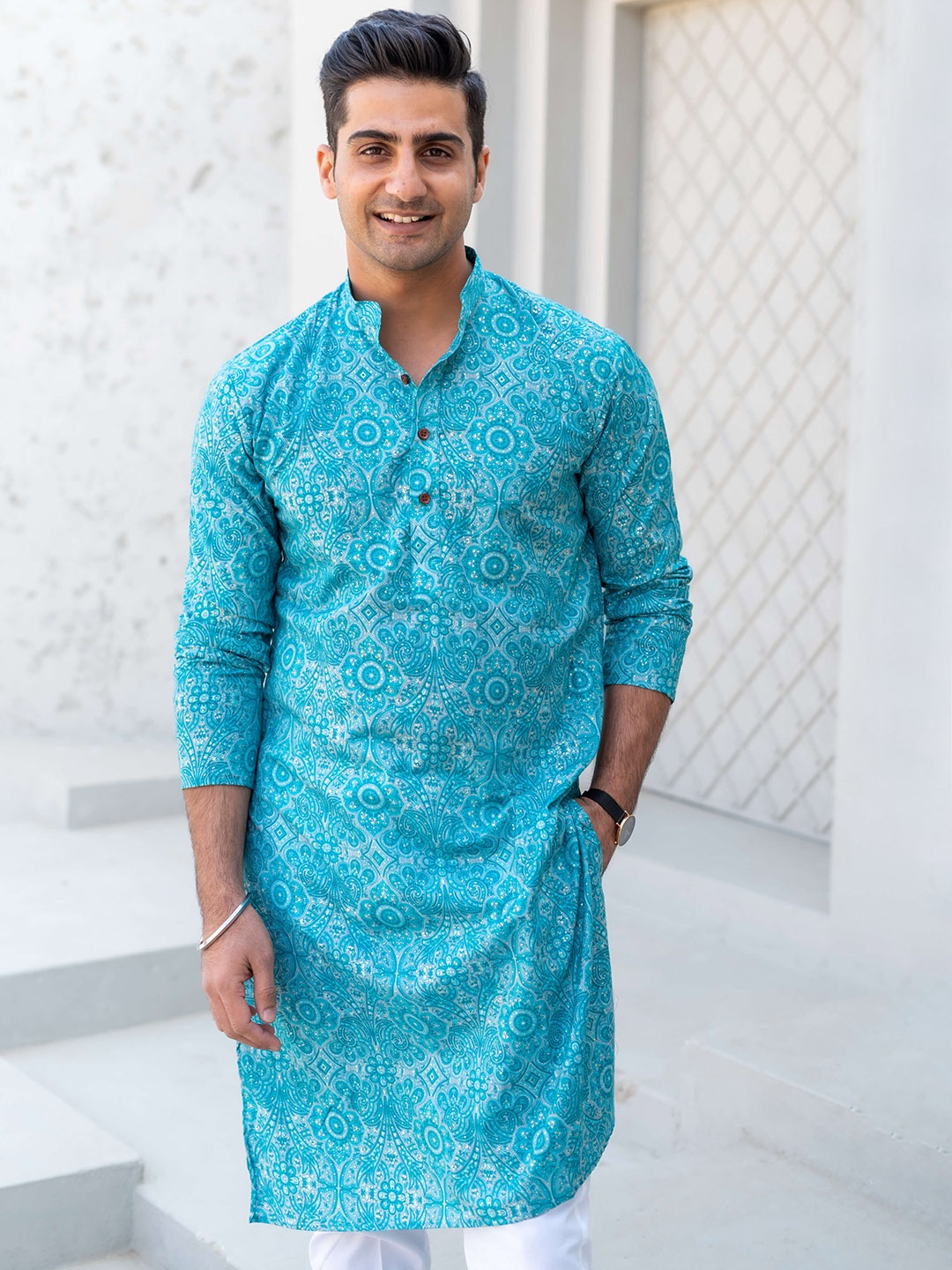 

Shasak Mandarin Collar Long Sleeveless Ethnic Print Cotton Straight Kurta, Turquoise blue