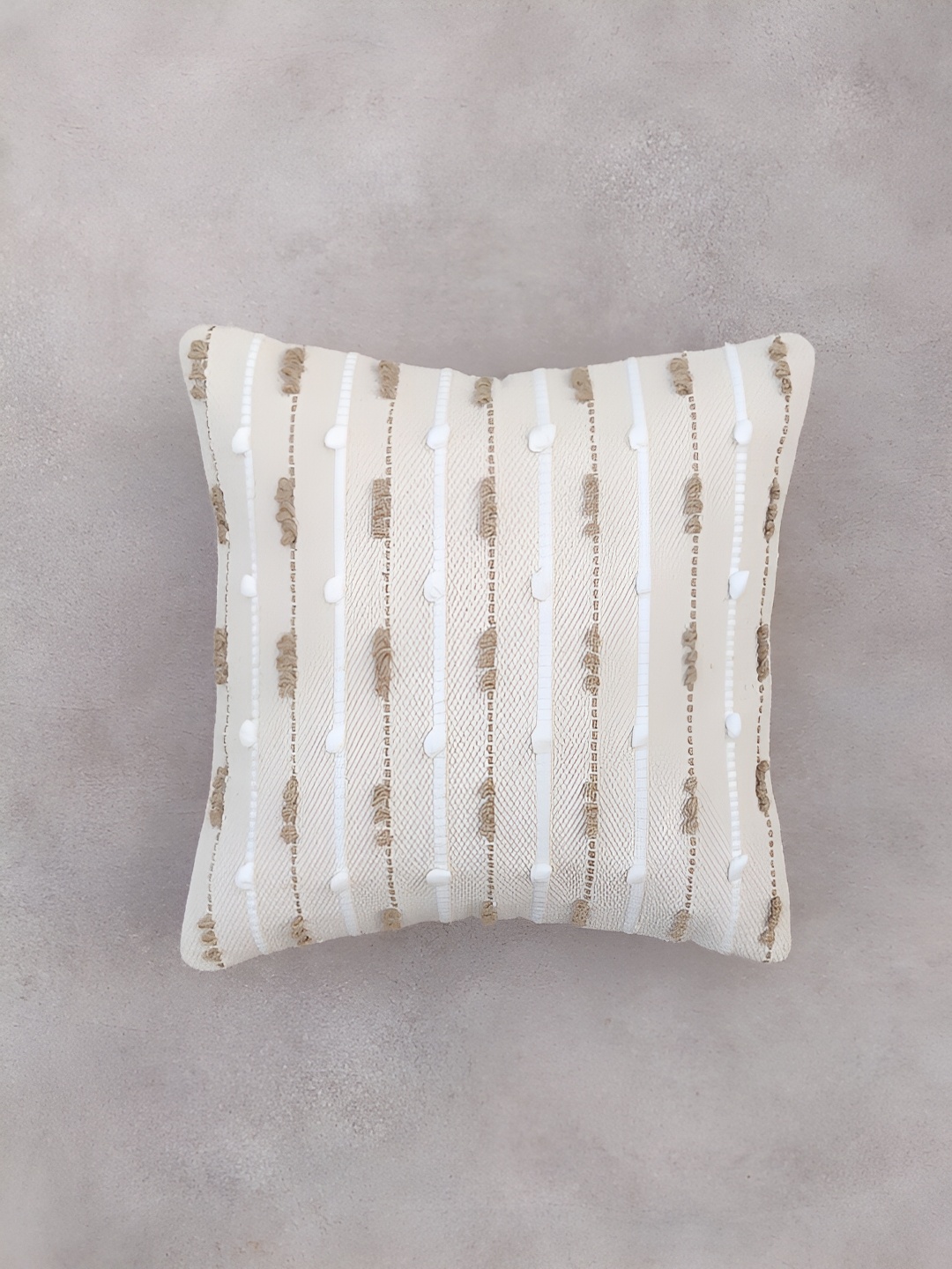 

ALTROVE Beige Striped Embellished Square Cotton Cushion Cover