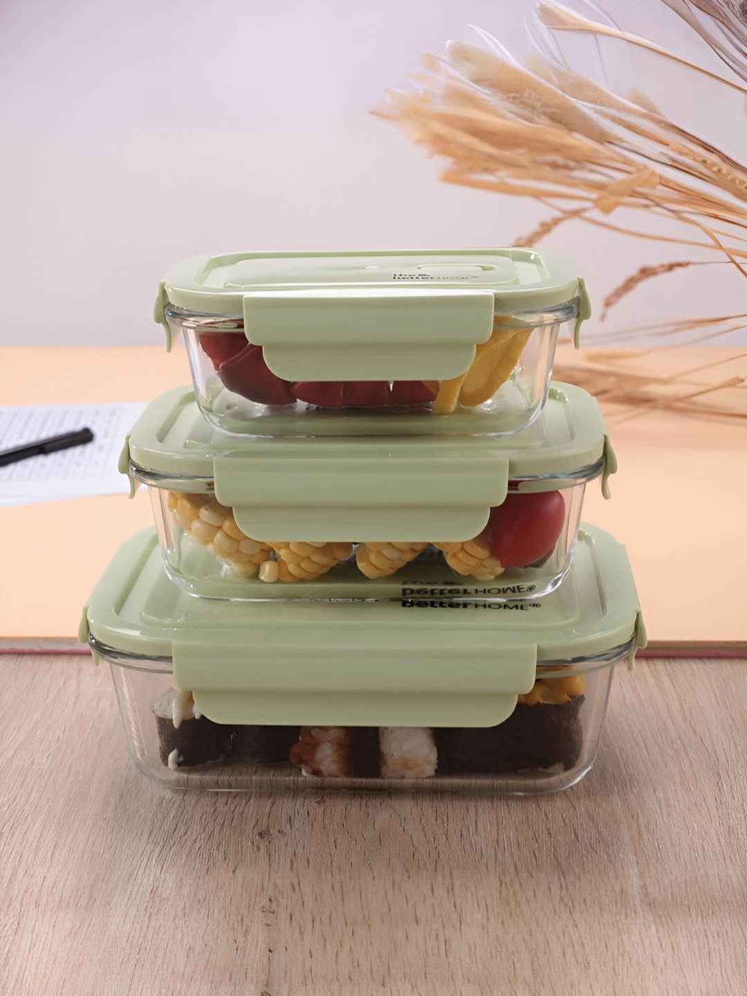 

The Better Home Green 3 Pcs Glass Dishwasher and Microwave Safe Container Set