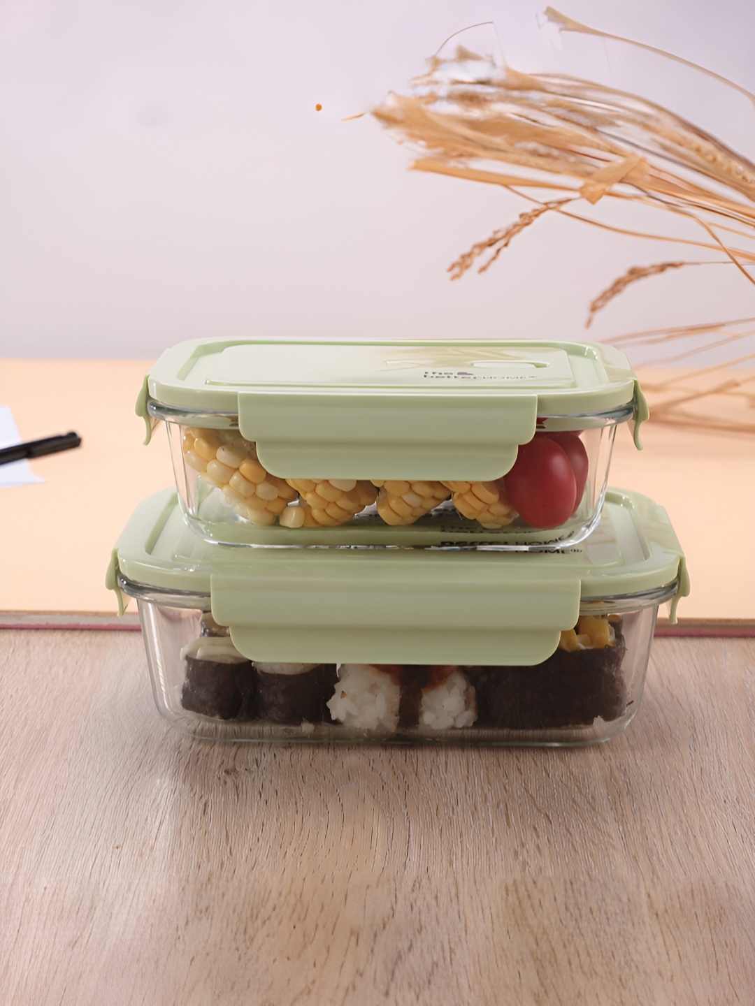 The Better Home Pack of 2 Green Borosilicate Glass Lunch Boxes 680ml & 1040ml