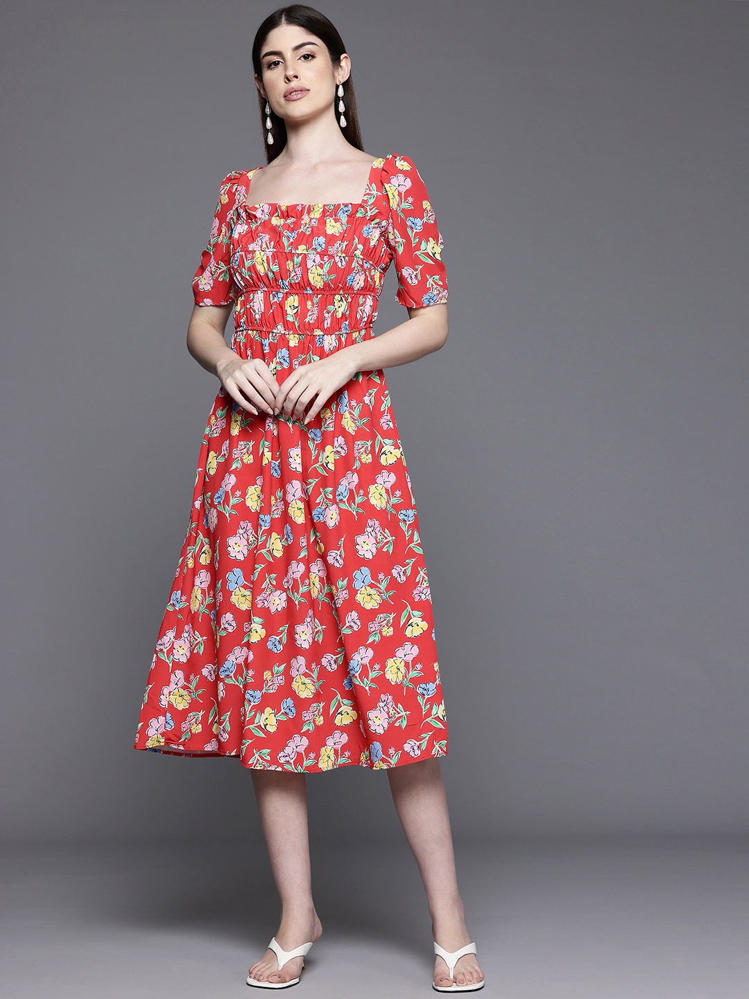 

DOROTHY PERKINS Smocked Floral Fit & Flare Dress, Red