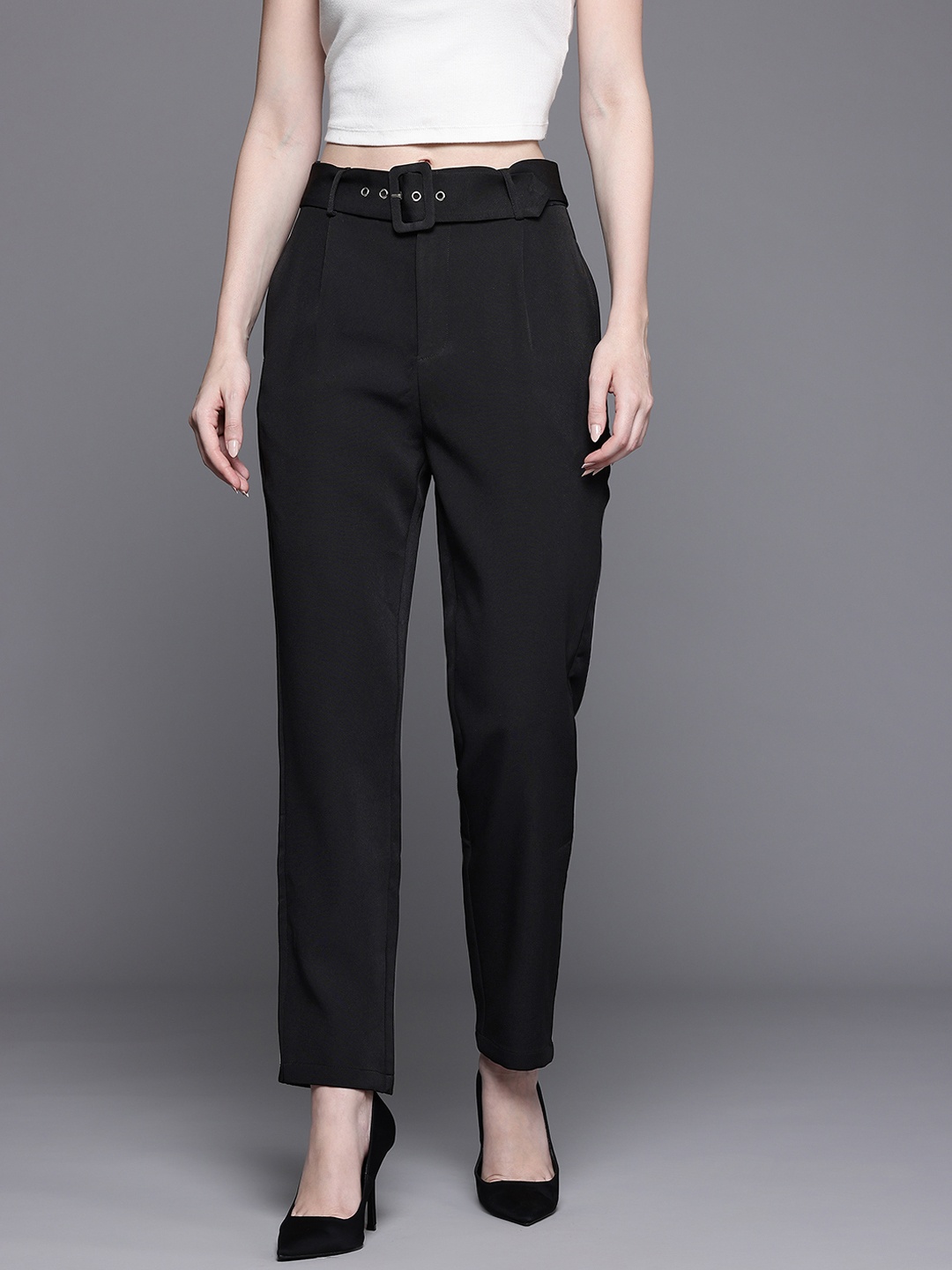 

DOROTHY PERKINS Women Slim Fit High-Rise Pleated Trousers, Black