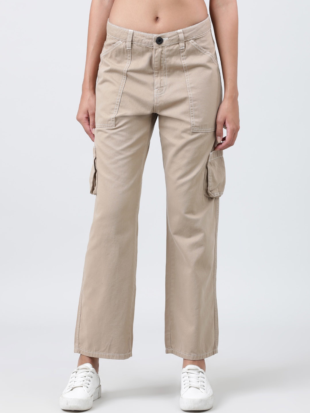 

Bene Kleed Women Pure Cotton Straight Fit Carpenter Style Trouser, Beige