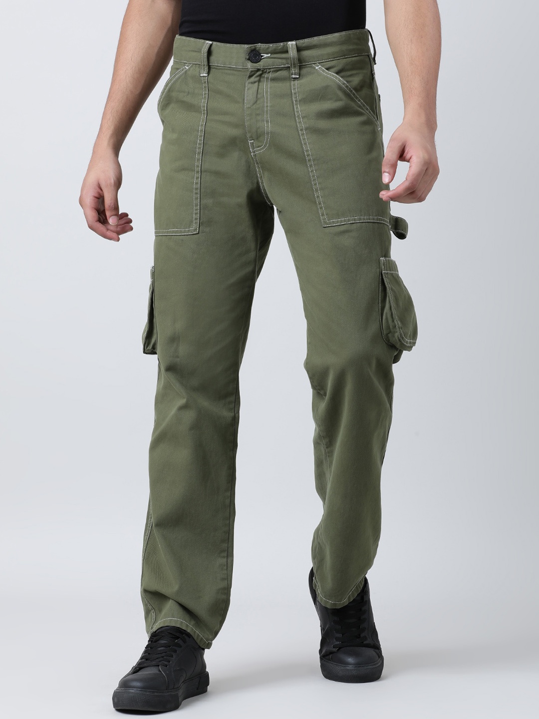 

Bene Kleed Men Straight Fit Carpenter Style Trouser With Contrast Stitch, Olive