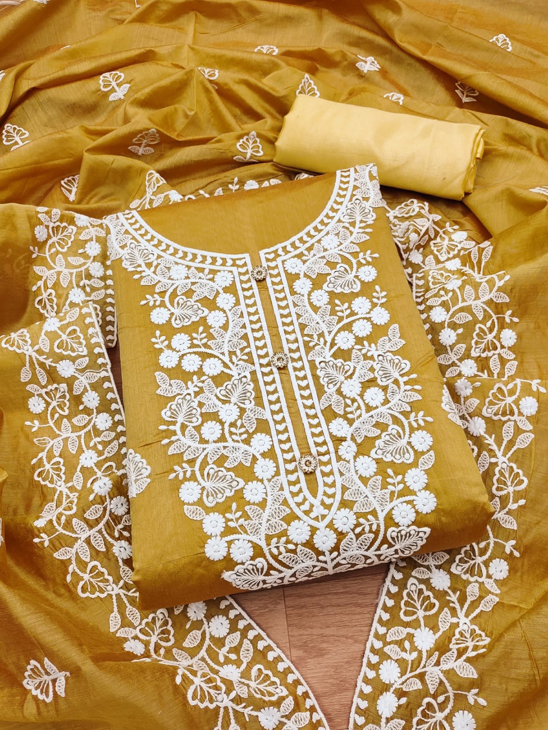 

Panzora Floral Embroidered Unstitched Dress Material, Mustard