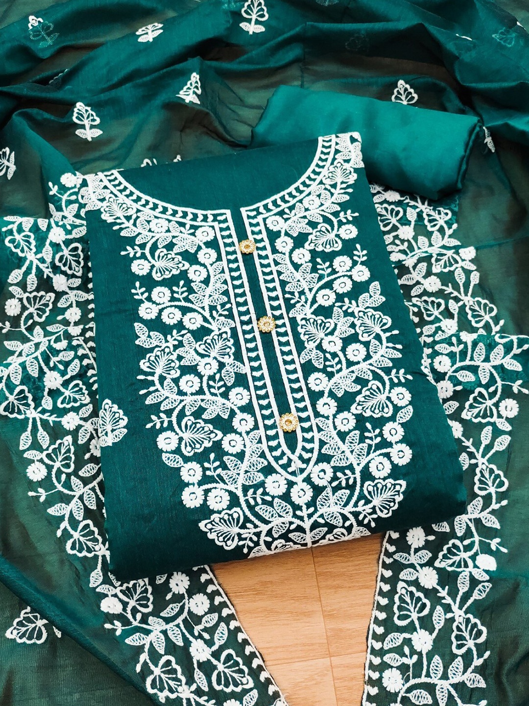 

Panzora Embroidered Chanderi Silk Unstitched Dress Material, Teal