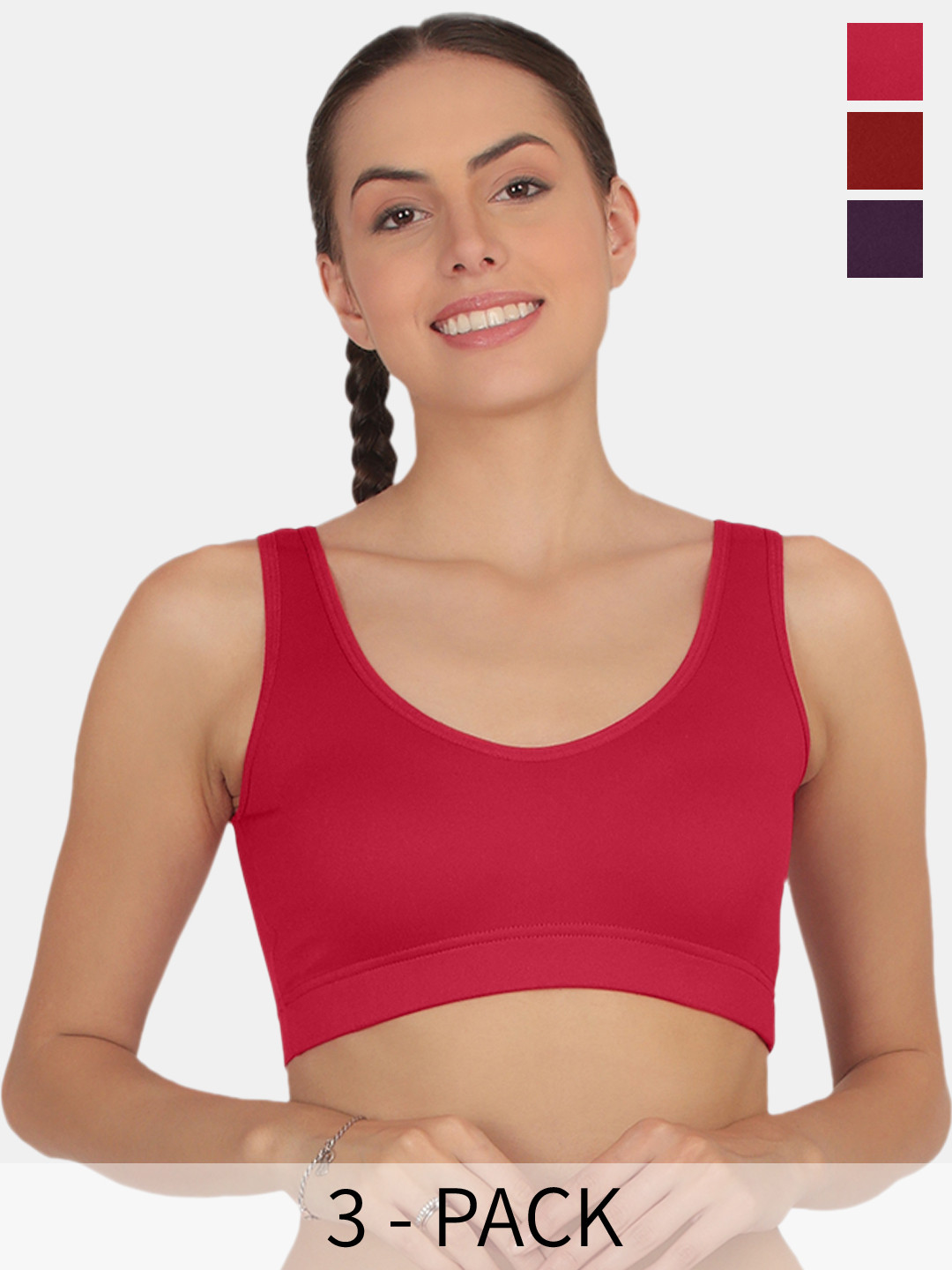 

POOJA RAGENEE Pack Of 3 Full Coverage Non Padded T-shirt Sports Bra With All Day Comfort, Magenta