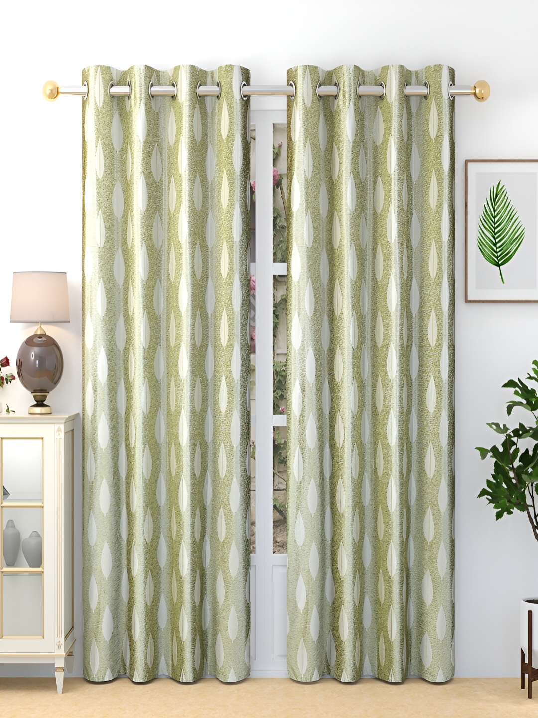 

Grihshobha Green & White Set of 2 Floral Black Out Door Curtain