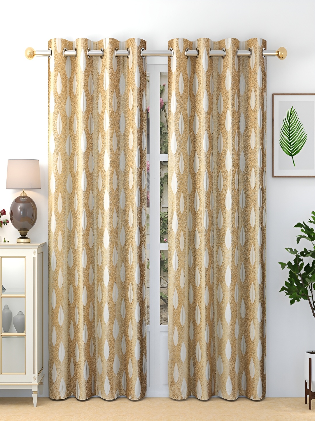 

Grihshobha Gold-Toned & White Set of 2 Floral Black Out Door Curtain