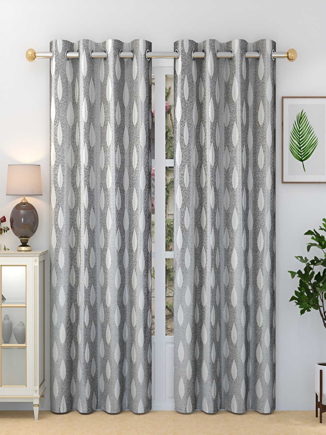 Grihshobha Grey & White Set of 2 Floral Black Out Door Curtain