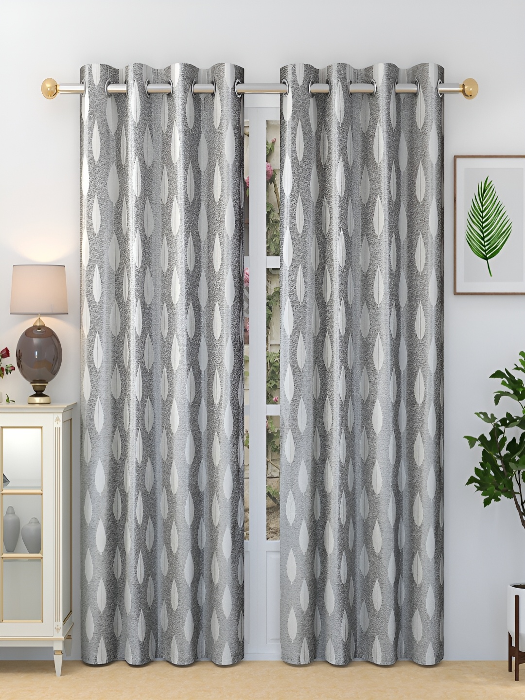 

Grihshobha Grey & White Set of 2 Ethnic Motifs Black Out Window Curtain