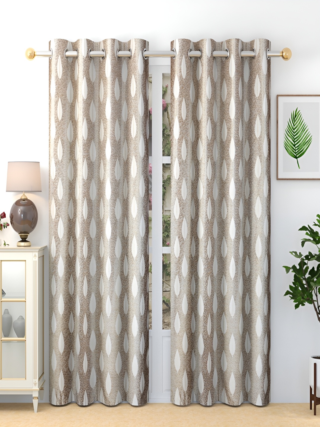 

Grihshobha Cream-Coloured & White Set of 2 Floral Black Out Window Curtain
