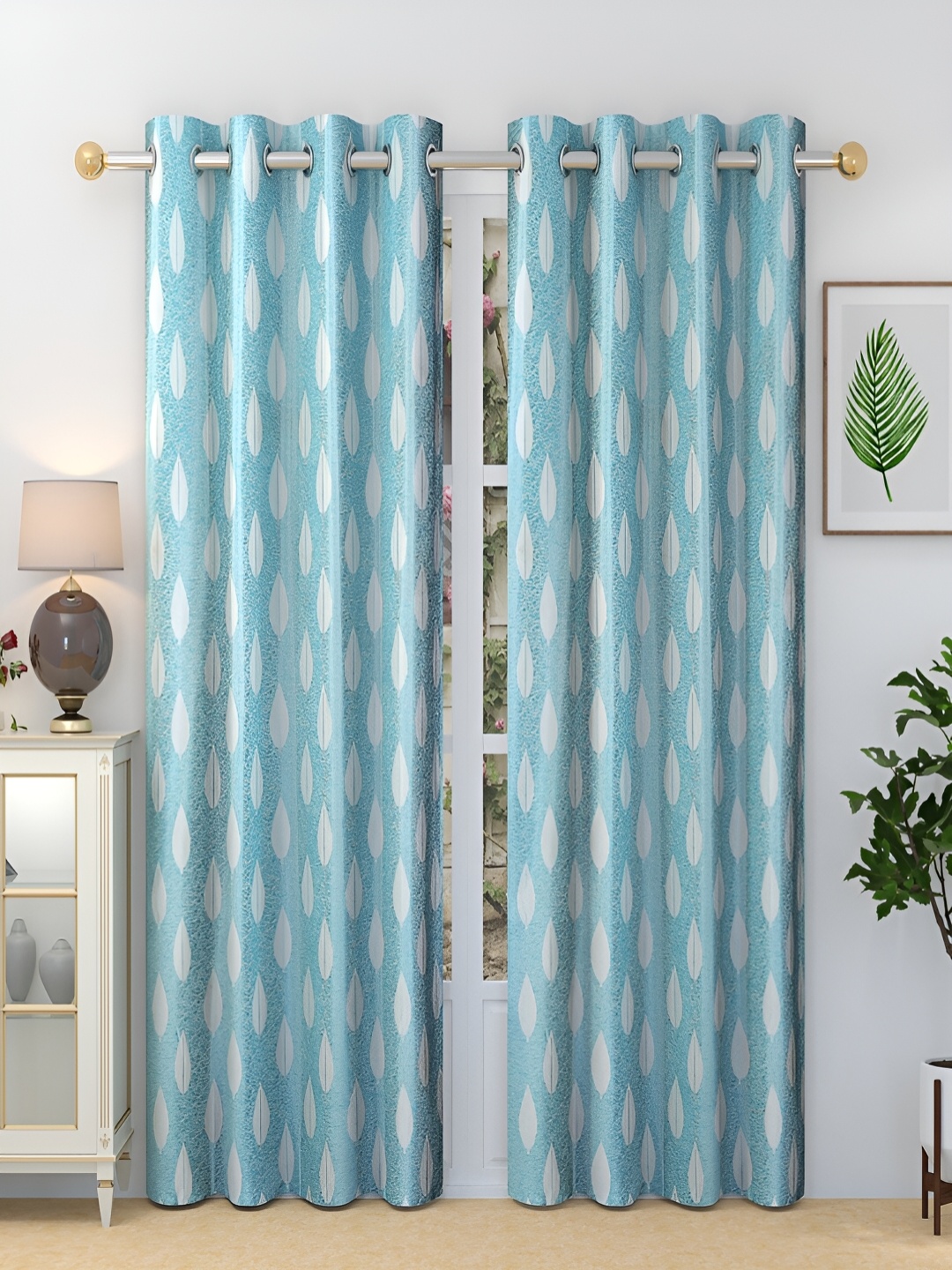 

Grihshobha Turquoise Blue & White Set of 2 Floral Black Out Door Curtain