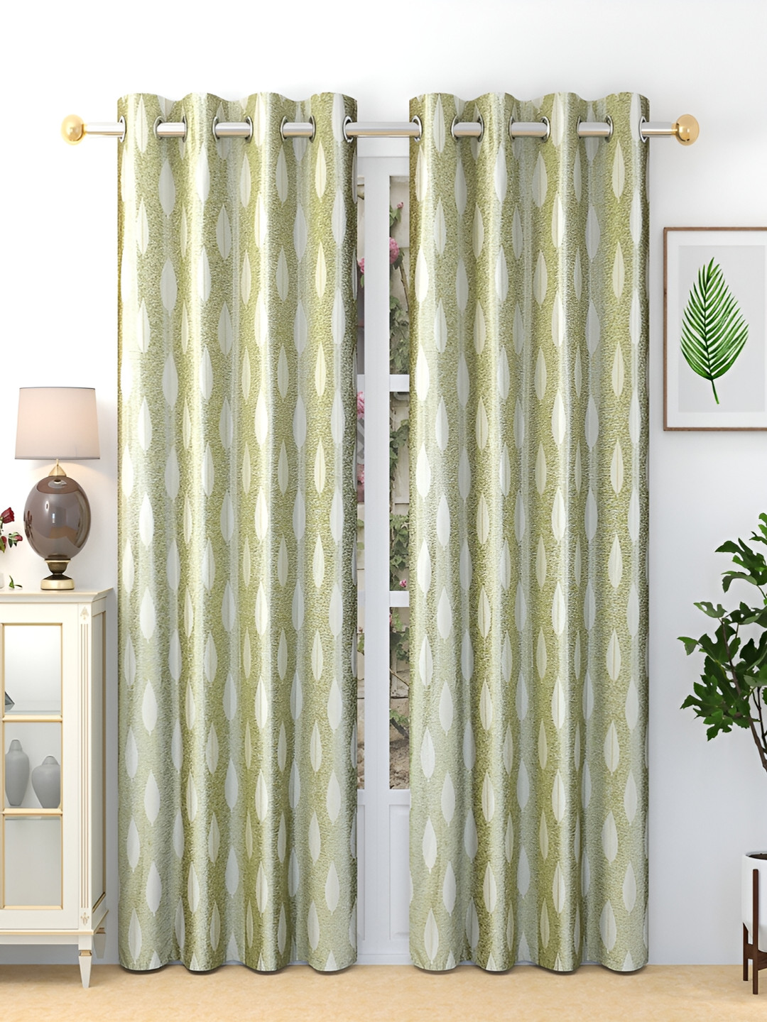 

Grihshobha Green & White Set of 2 Ethnic Motifs Black Out Window Curtain