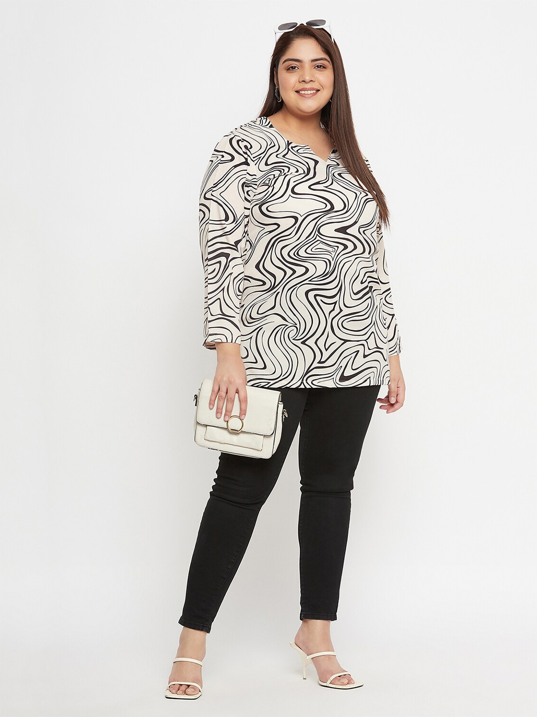 

VINAAN Abstract Printed Long Sleeves Top, Black