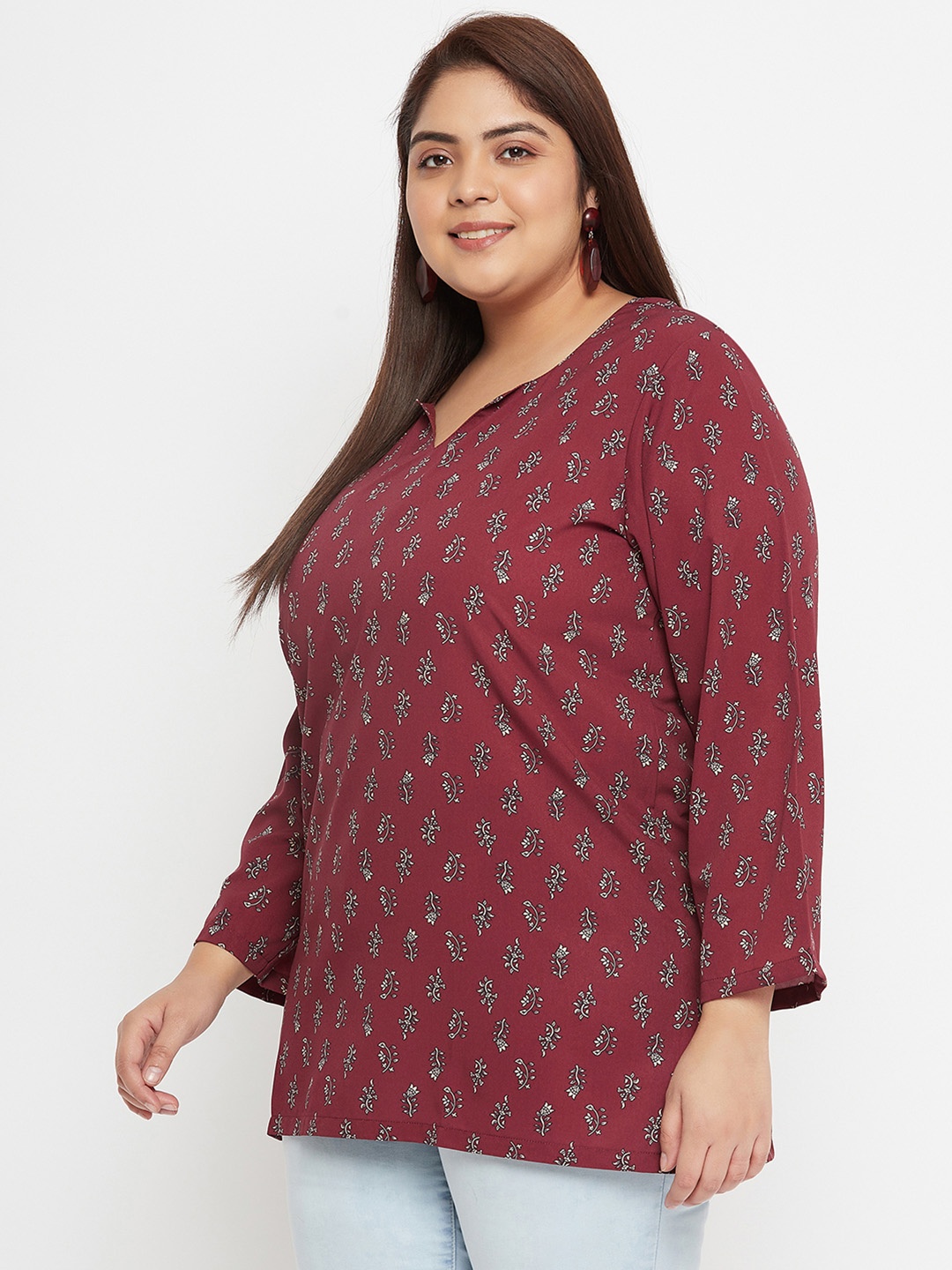 

VINAAN Plus Size Floral Printed Round Neck Top, Maroon