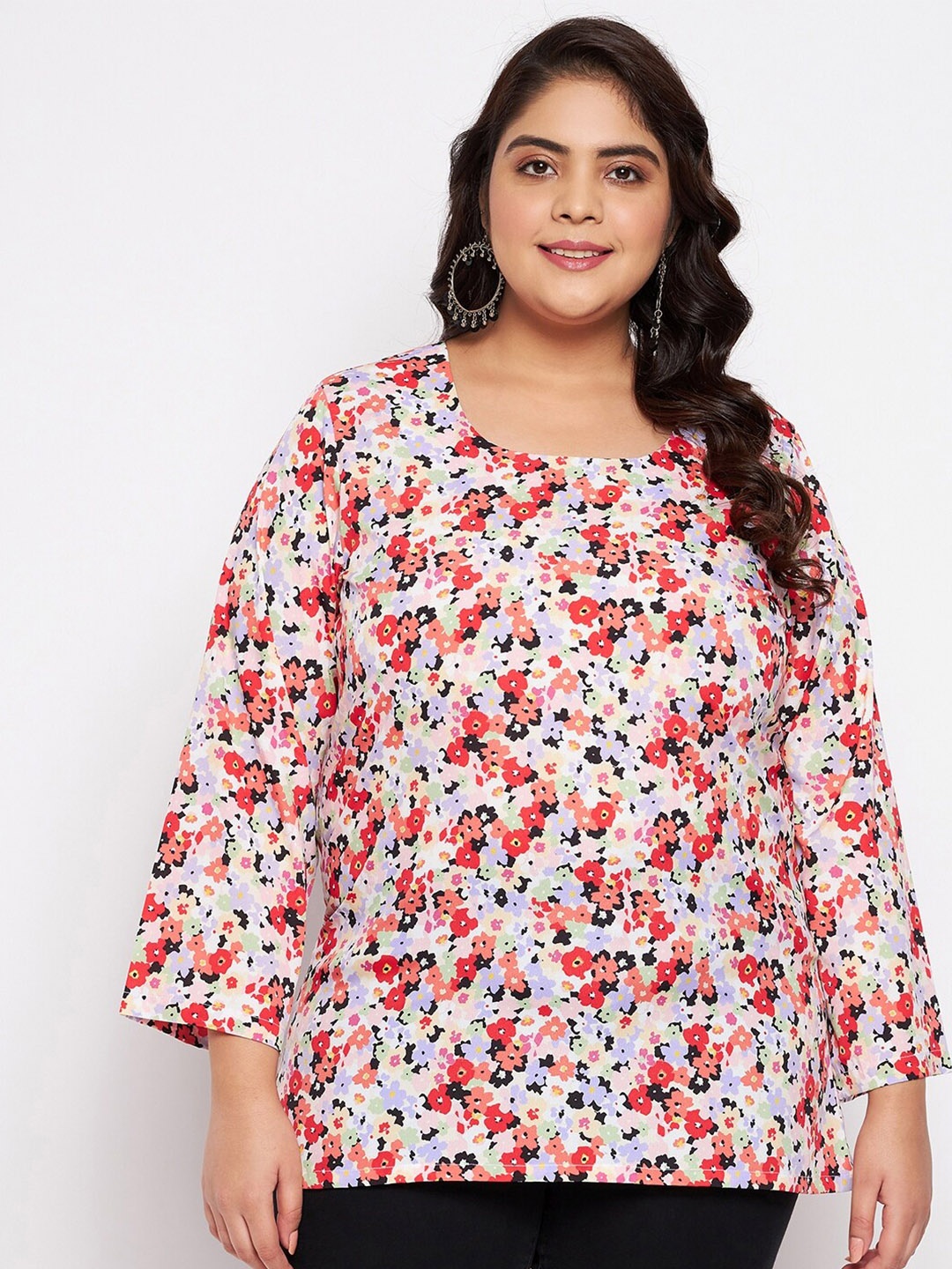 

VINAAN Plus Size Floral Printed Round Neck Casual Top, Peach