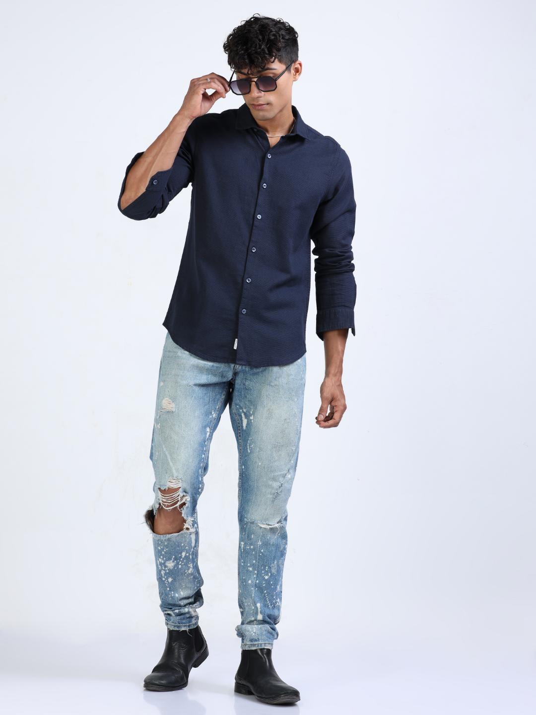 

FLY 69 Premium Slim Fit Pure Cotton Dobby Casual Shirt, Navy blue