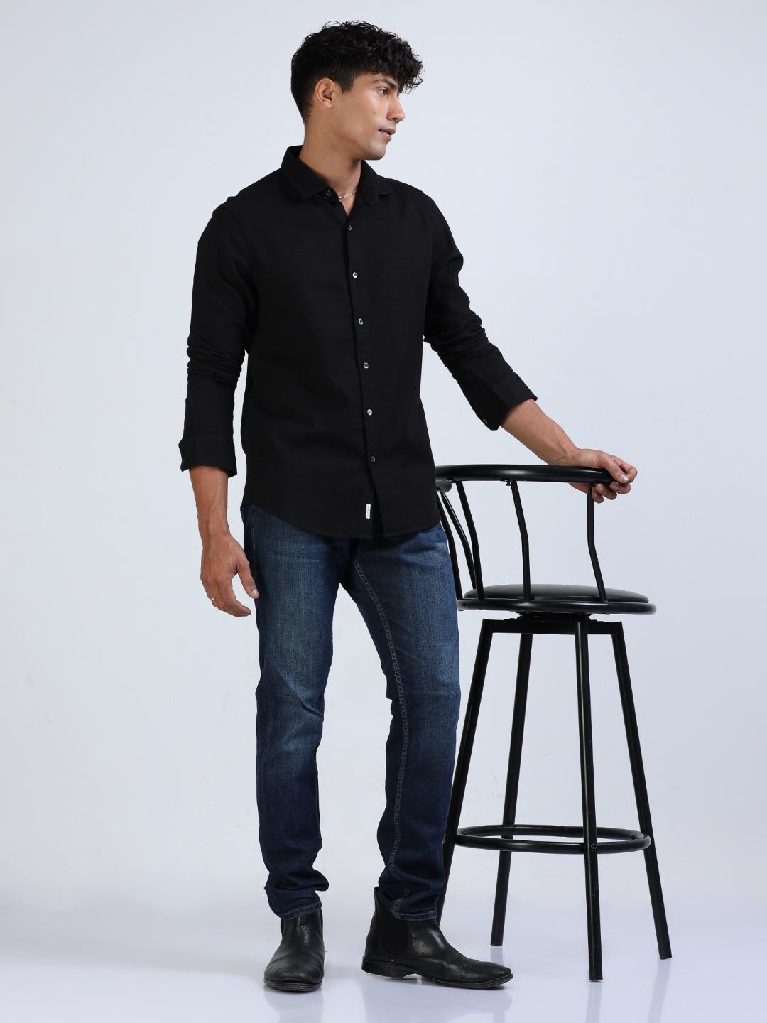 

FLY 69 Premium Slim Fit Pure Cotton Dobby Casual Shirt, Black