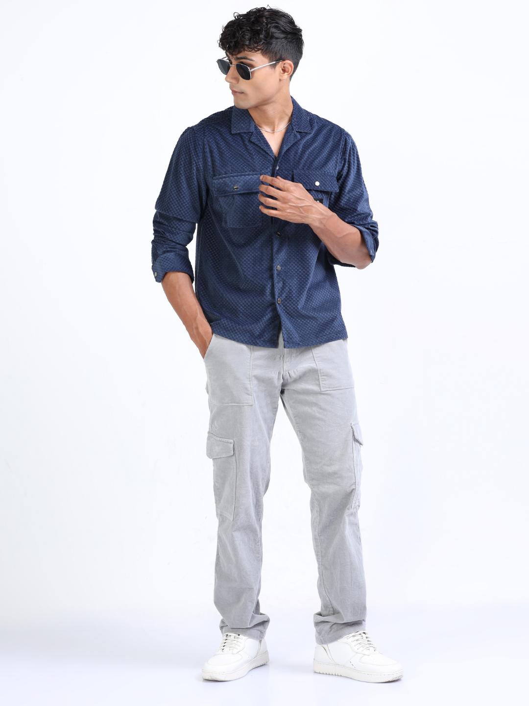 

FLY 69 Premium Boxy Textured Cuban Collar Pure Corduroy Casual Shirt, Navy blue