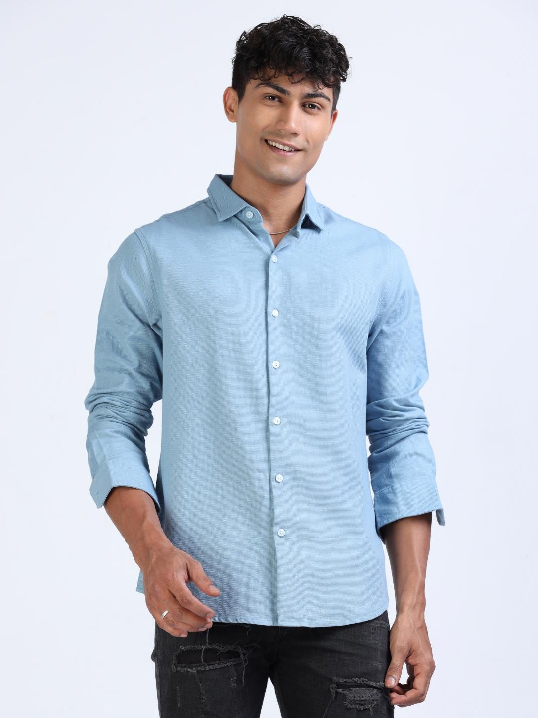 

FLY 69 Premium Slim Fit Spread Collar Pure Cotton Casual Shirt, Blue