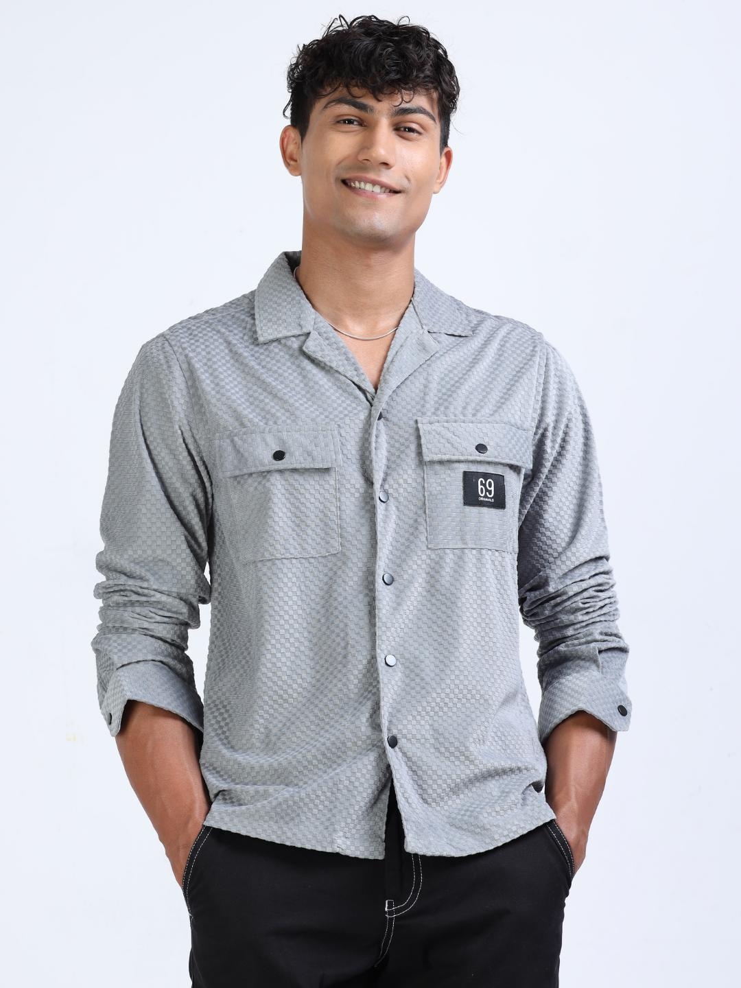 

FLY 69 Men Premium Checked Corduroy Shirt, Grey