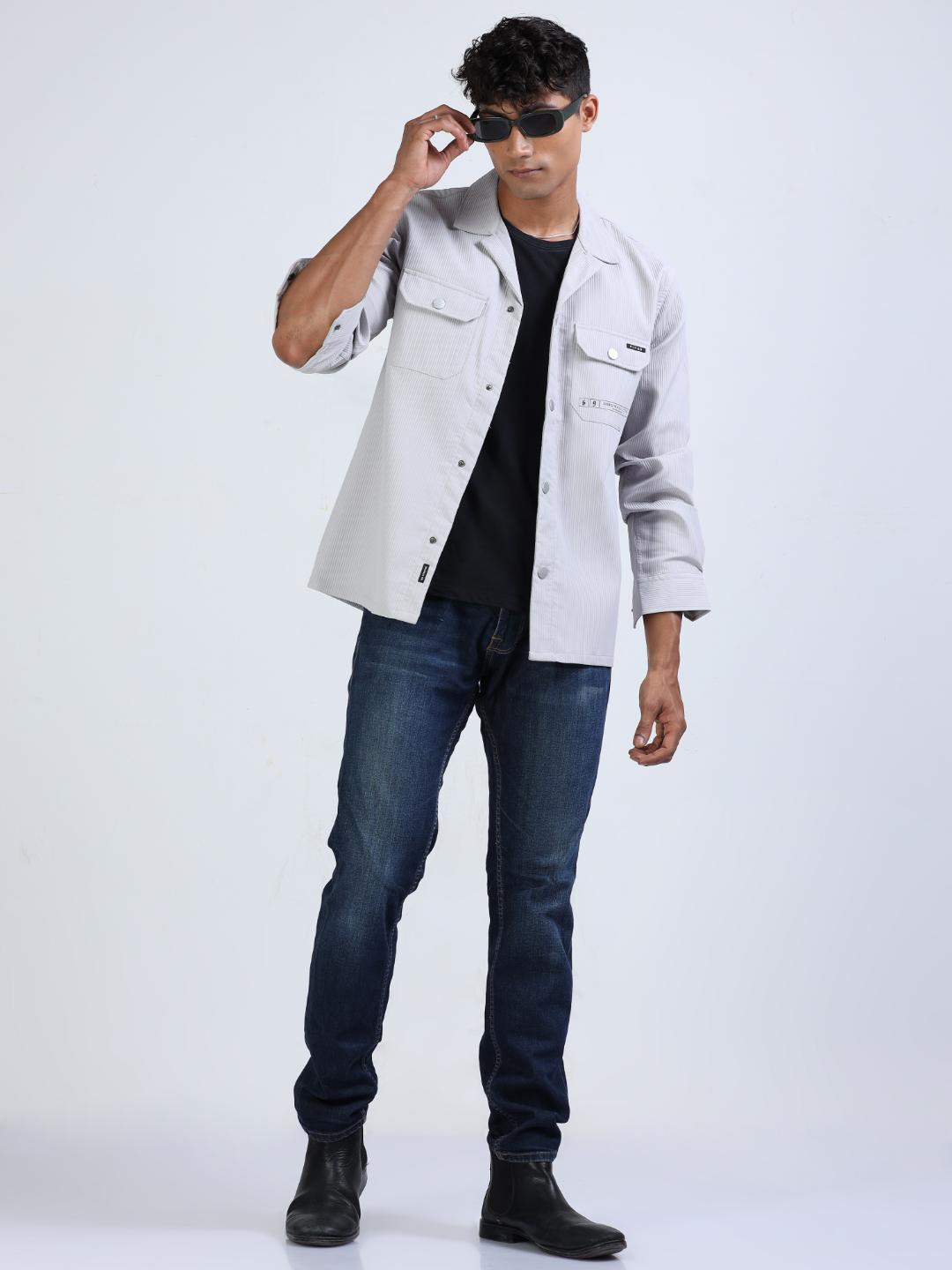 

FLY 69 Premium Oversized Textured Cuban Collar Pure Cotton Shacket, Grey