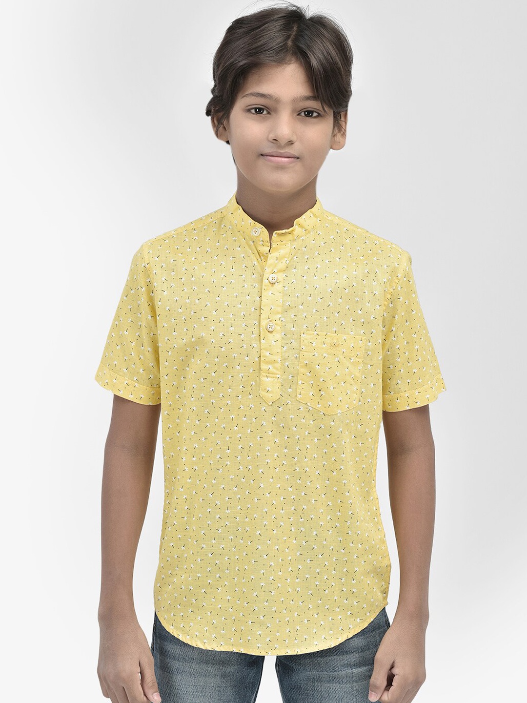 

Crimsoune Club Boys Floral Printed Pure Cotton Staight Short Kurta, Yellow