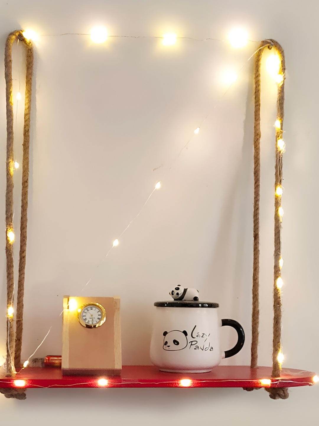 

VAH Kya Bat Hai !! Wooden Wall Hanging Shelf with Jute Rope & LED Lights, Maroon