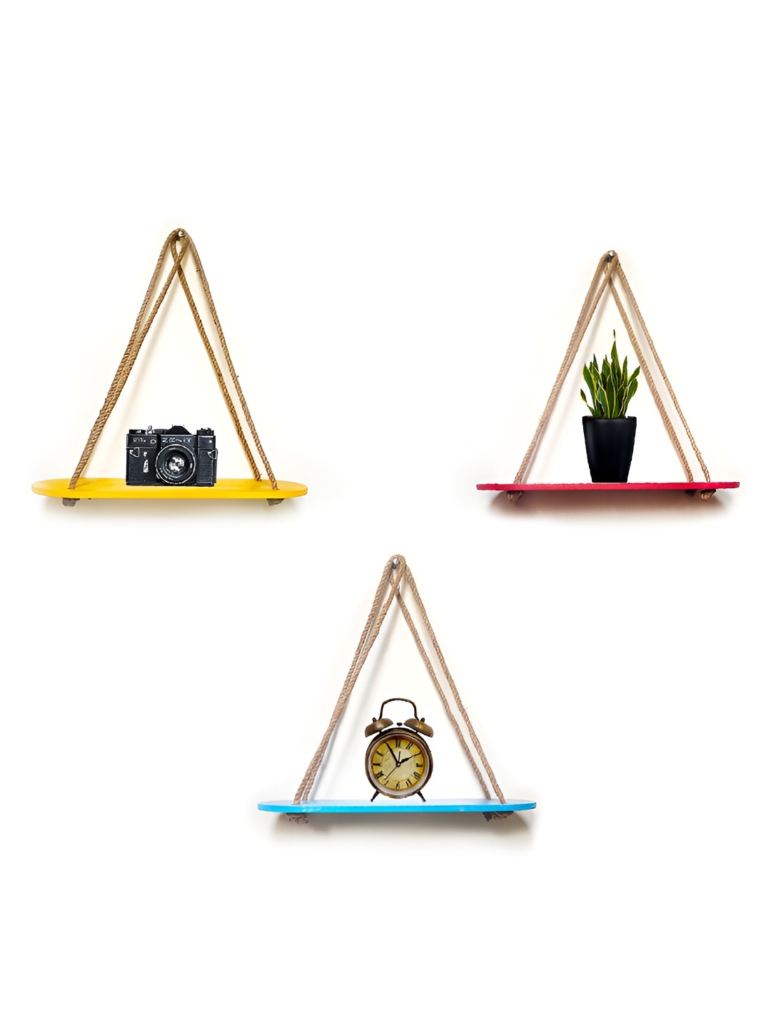 

VAH Kya Bat Hai !! Yellow & Red 3 Pieces Wooden Wall Hanging Shelves With Jute Rope