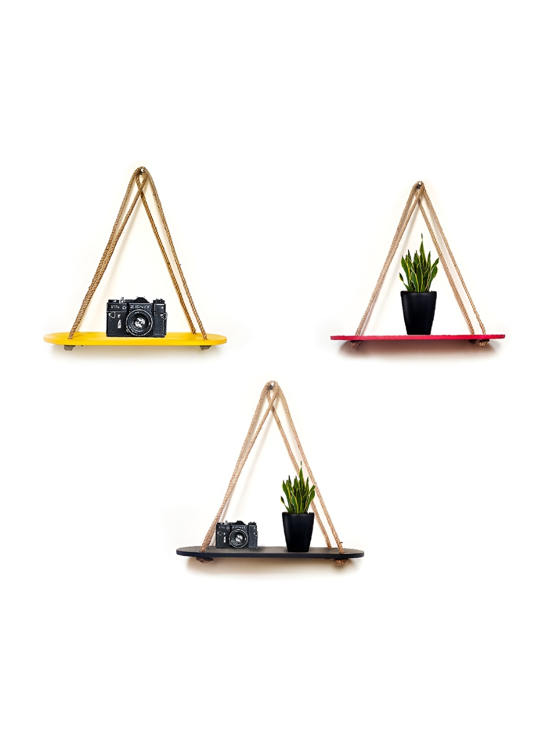 

VAH Kya Bat Hai !! Yellow & Red 3 Pieces Wooden Wall Hanging Shelves With Jute Rope