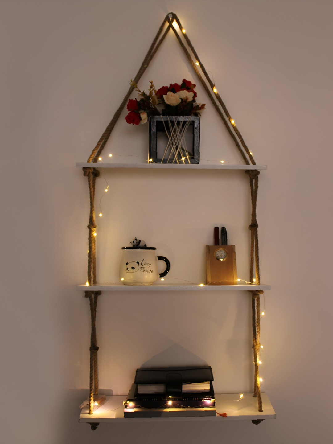 

VAH Kya Bat Hai !! White & Brown Wooden 3 Layers Wall Hanging Shelves With LED Light